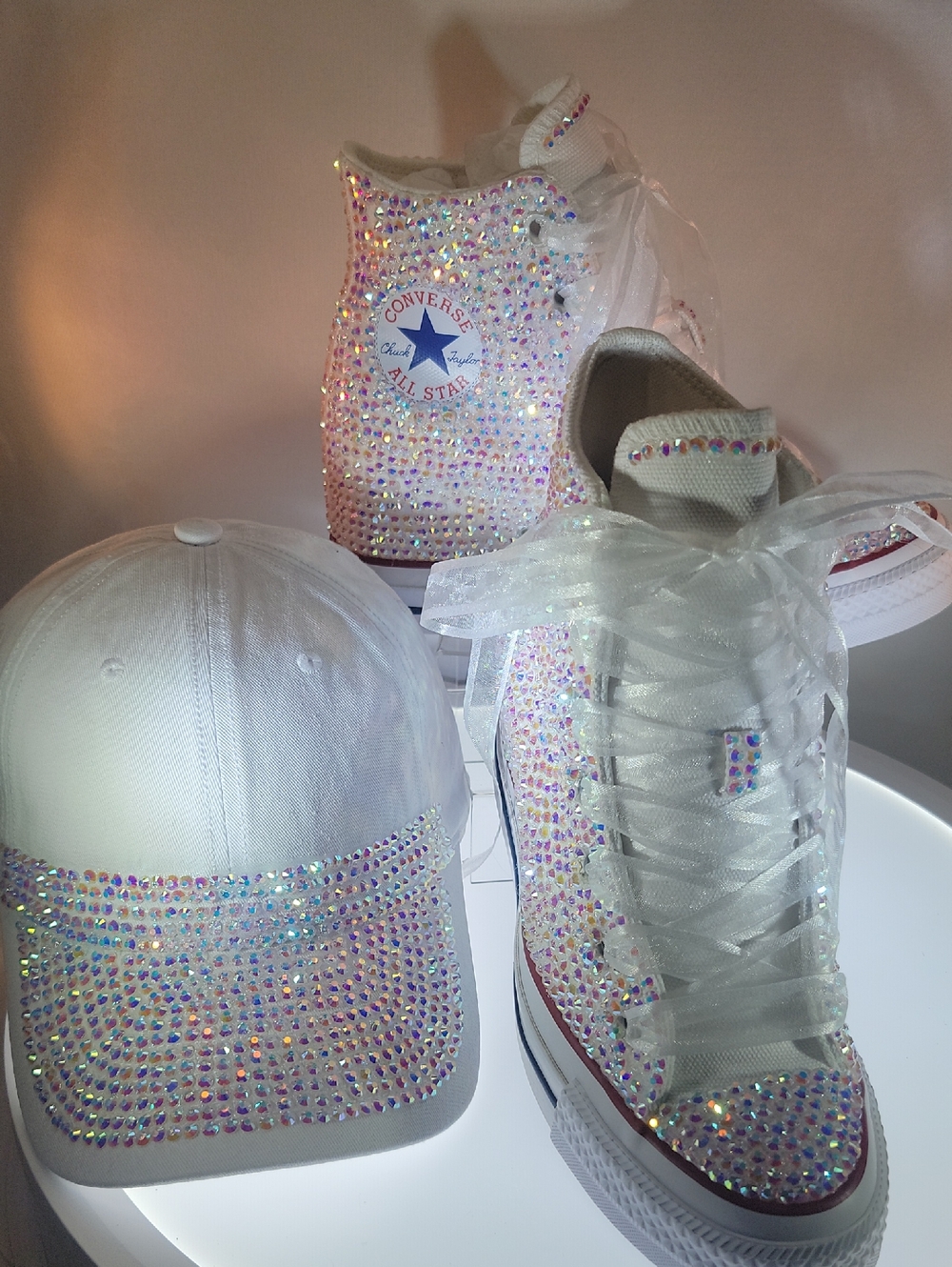 Converse White Iridescent Rhinestone High Tops and Matching Cap